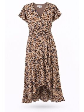 🌸 NEW Nicole Miller Beige and Navy Floral High-Low Wrap Dress MEDIUM